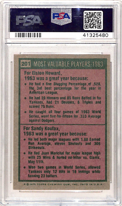 Sandy Koufax + Elston Howard 1975 Topps MVPs #201 PSA 10 Gem Mint