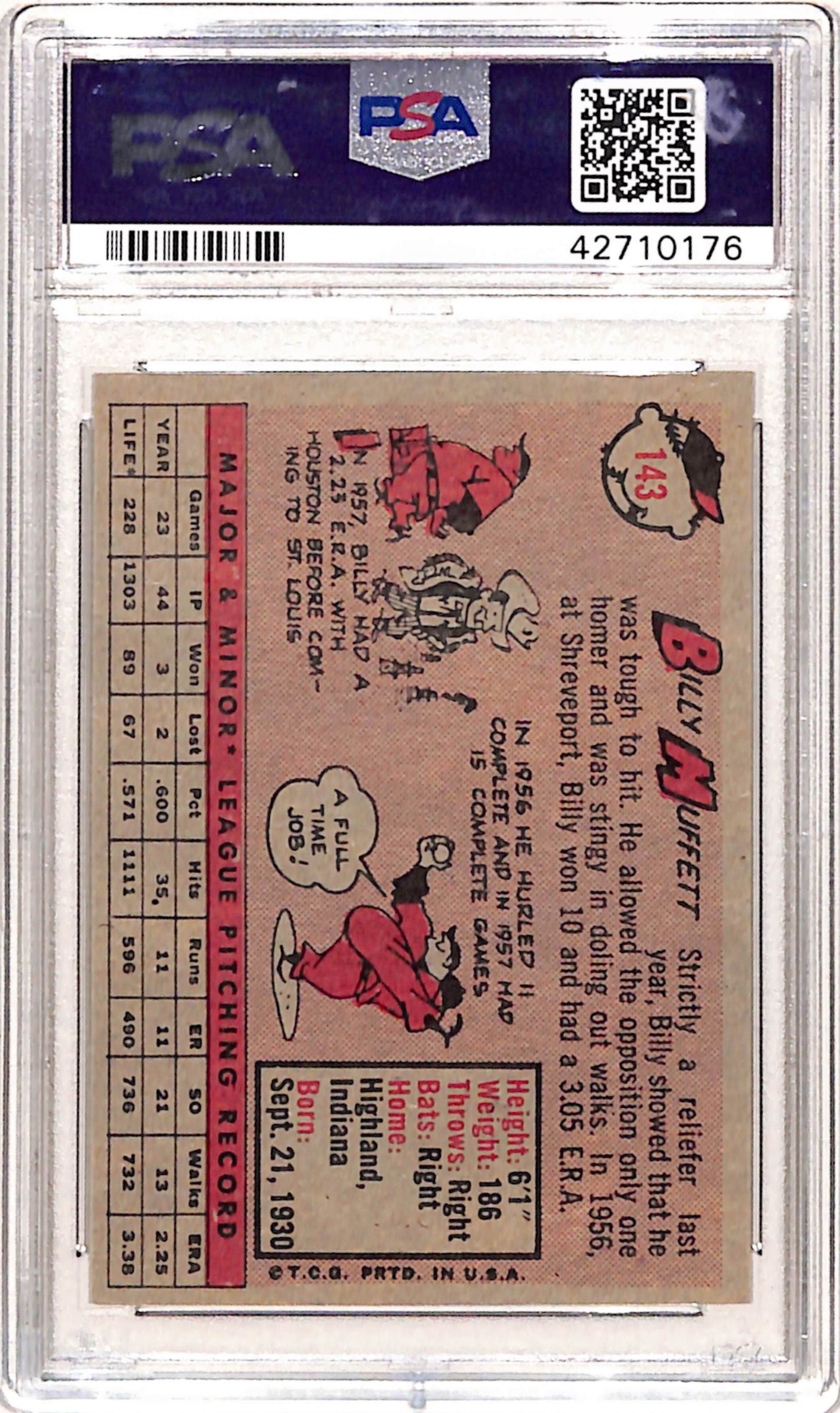 Billy Muffett 1958 Topps #143 PSA 9 Mint