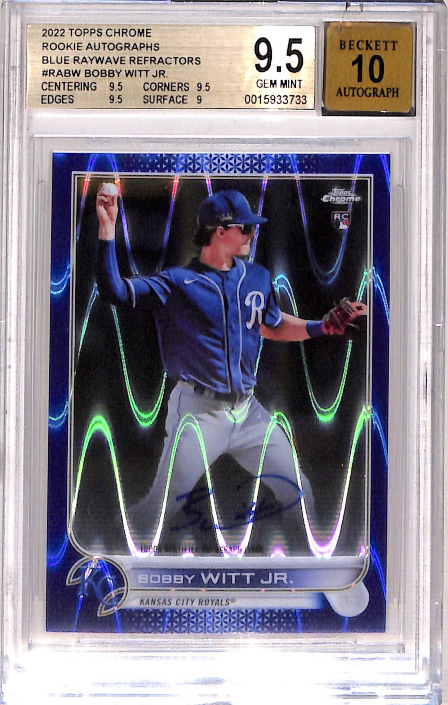 Bobby Witt Jr. 2022 Topps Chrome Blue Raywave Rookie Auto #8/150 BGS 9.5 Auto 10