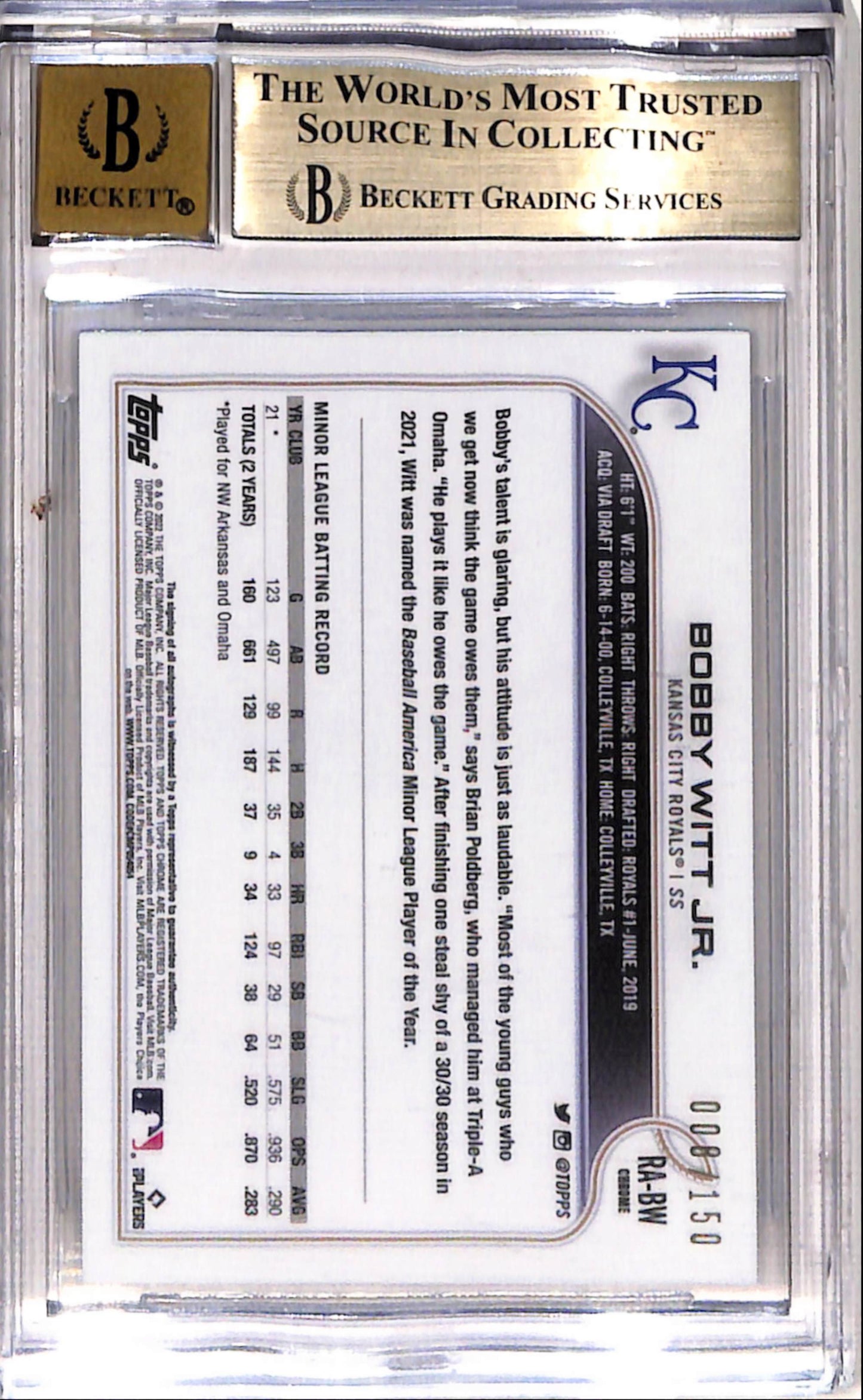 Bobby Witt Jr. 2022 Topps Chrome Blue Raywave Rookie Auto #8/150 BGS 9.5 Auto 10