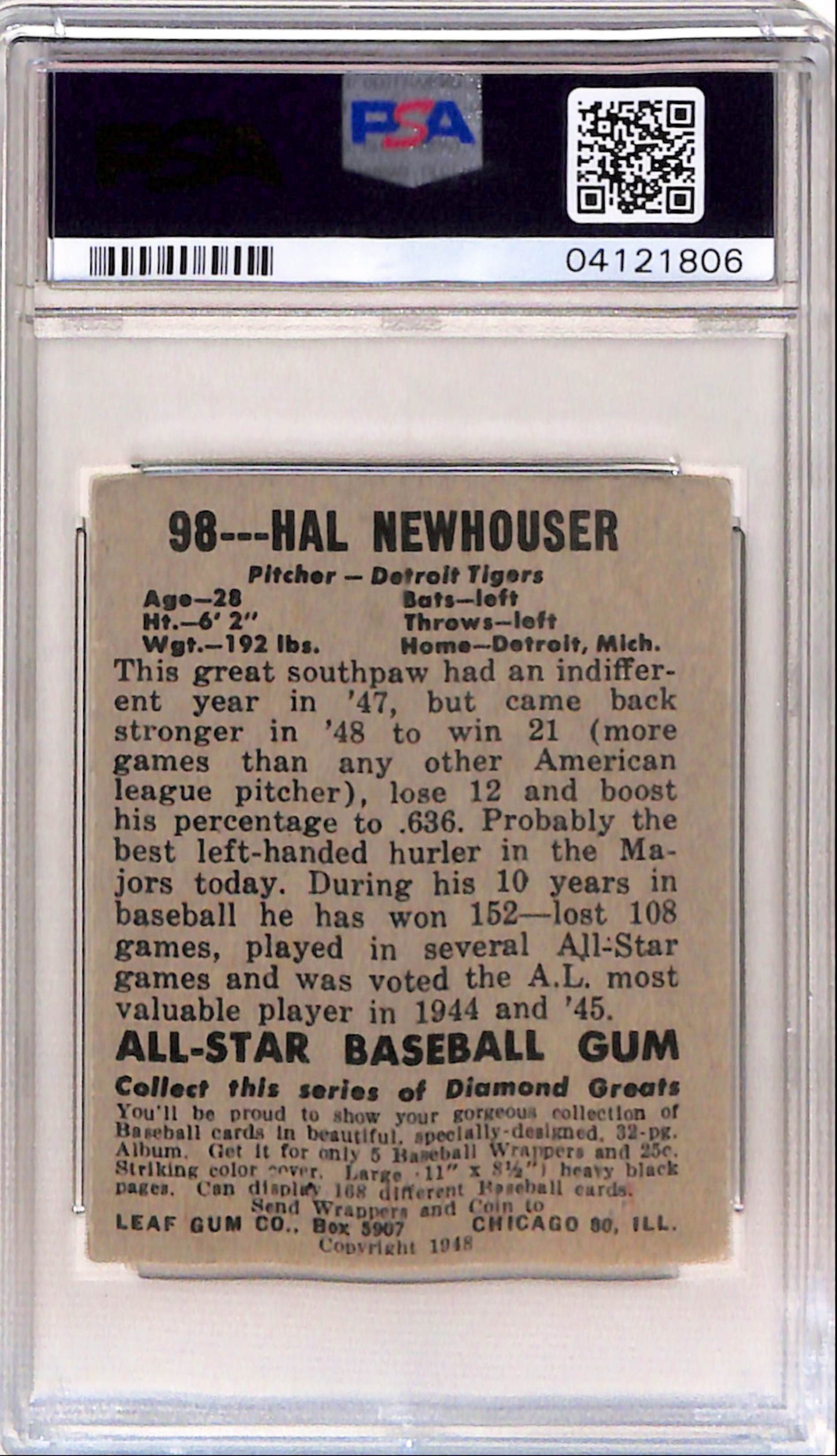 Hal Newhouser 1948 Leaf Rookie #98 PSA 5 EX