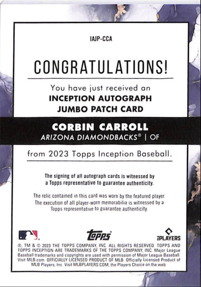 Corbin Carroll 2023 Topps Inception Rookie Patch Auto #49/99