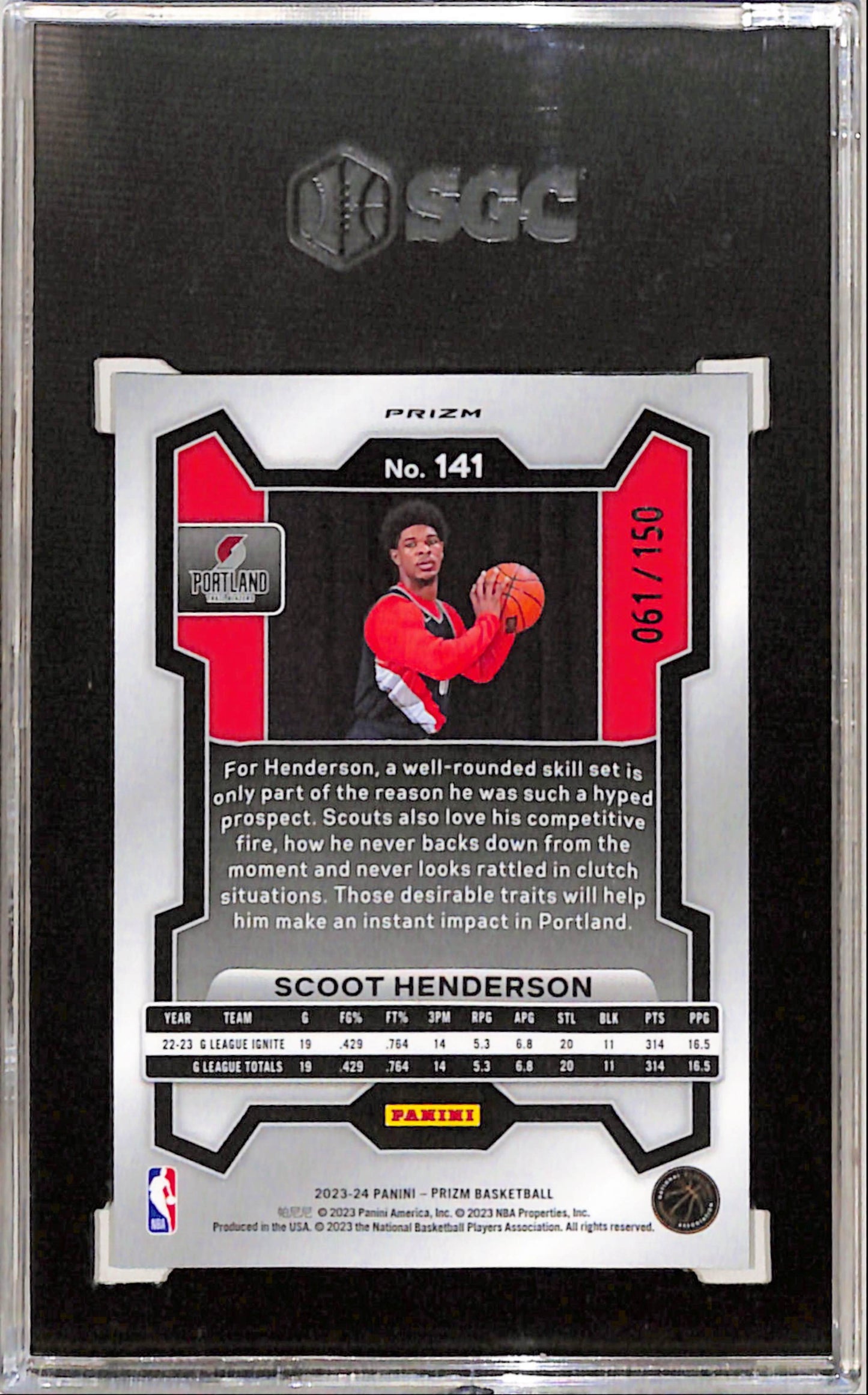 Scoot Henderson 2023 Panini Prizm Rookie #141 Blue Fast Break #61/150 SGC 10 Gem Mint