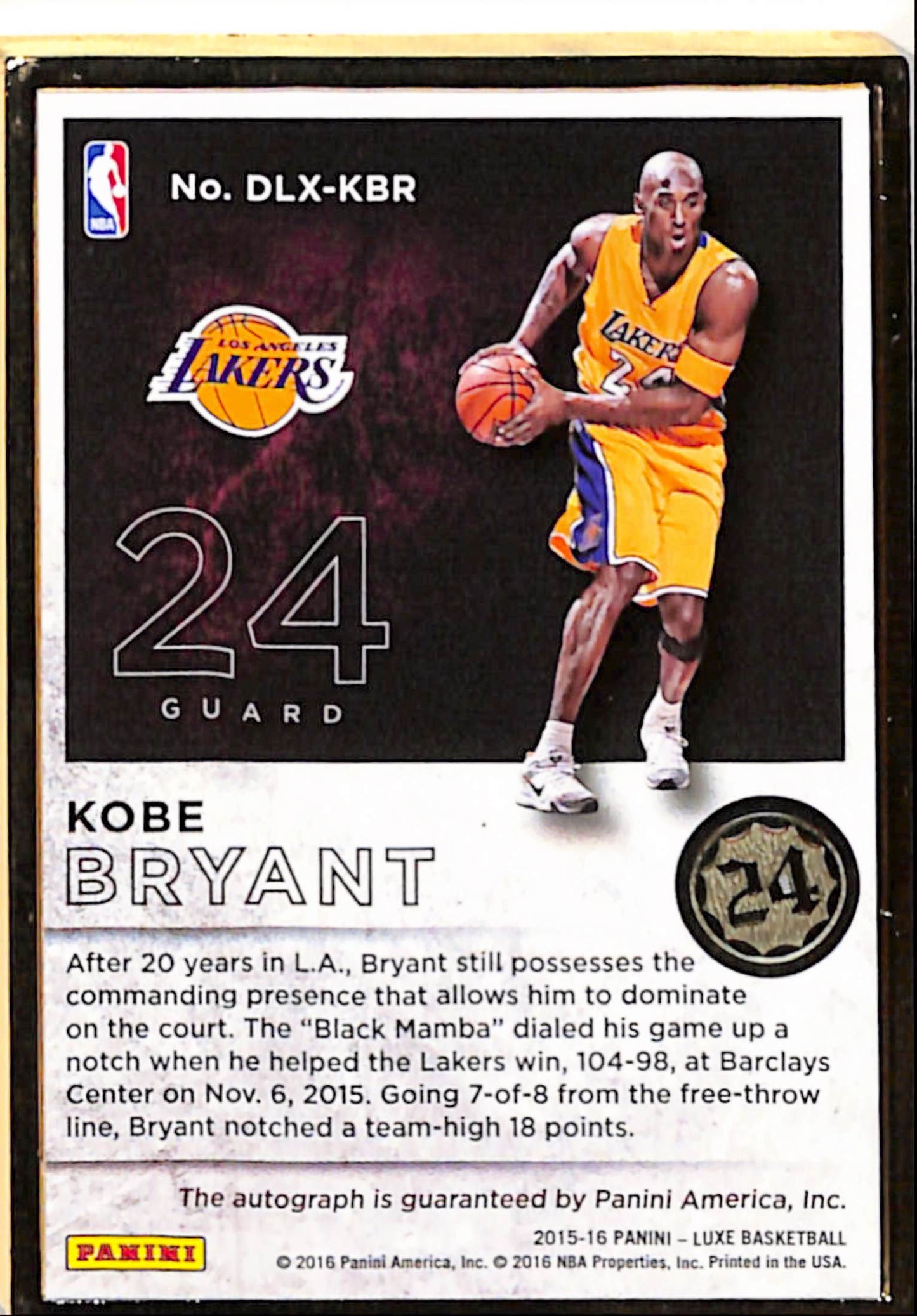 Kobe Bryant 2015 Panini Luxe Framed Gold Auto #18/25
