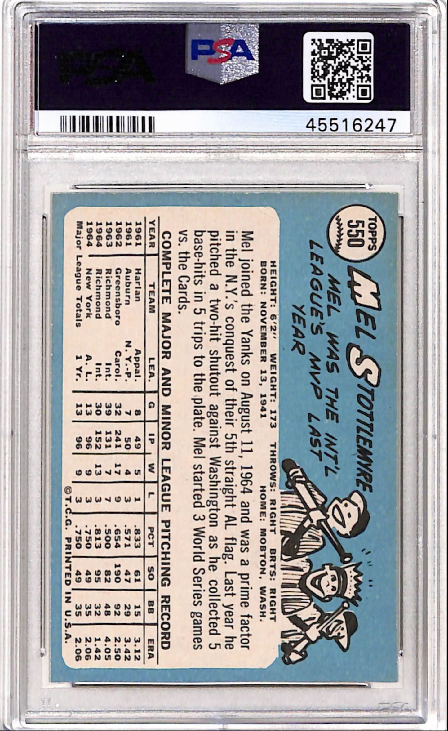 Mel Stottlemyre 1965 Topps #550 PSA 9 Mint