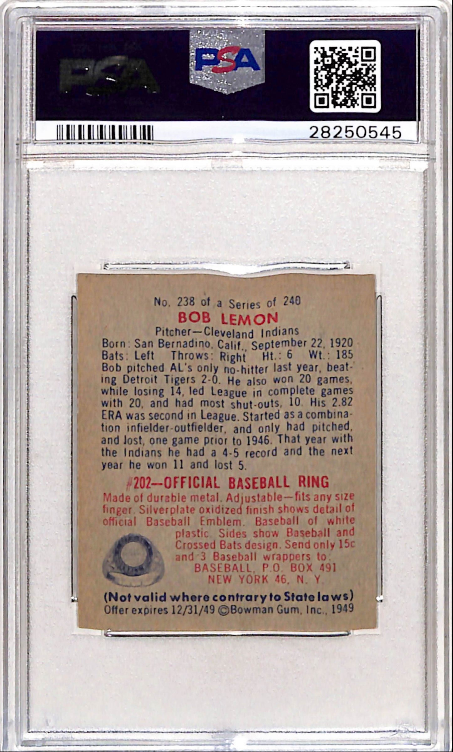 Bob Lemon 1949 Bowman Rookie #238 PSA 8 Nm-Mint
