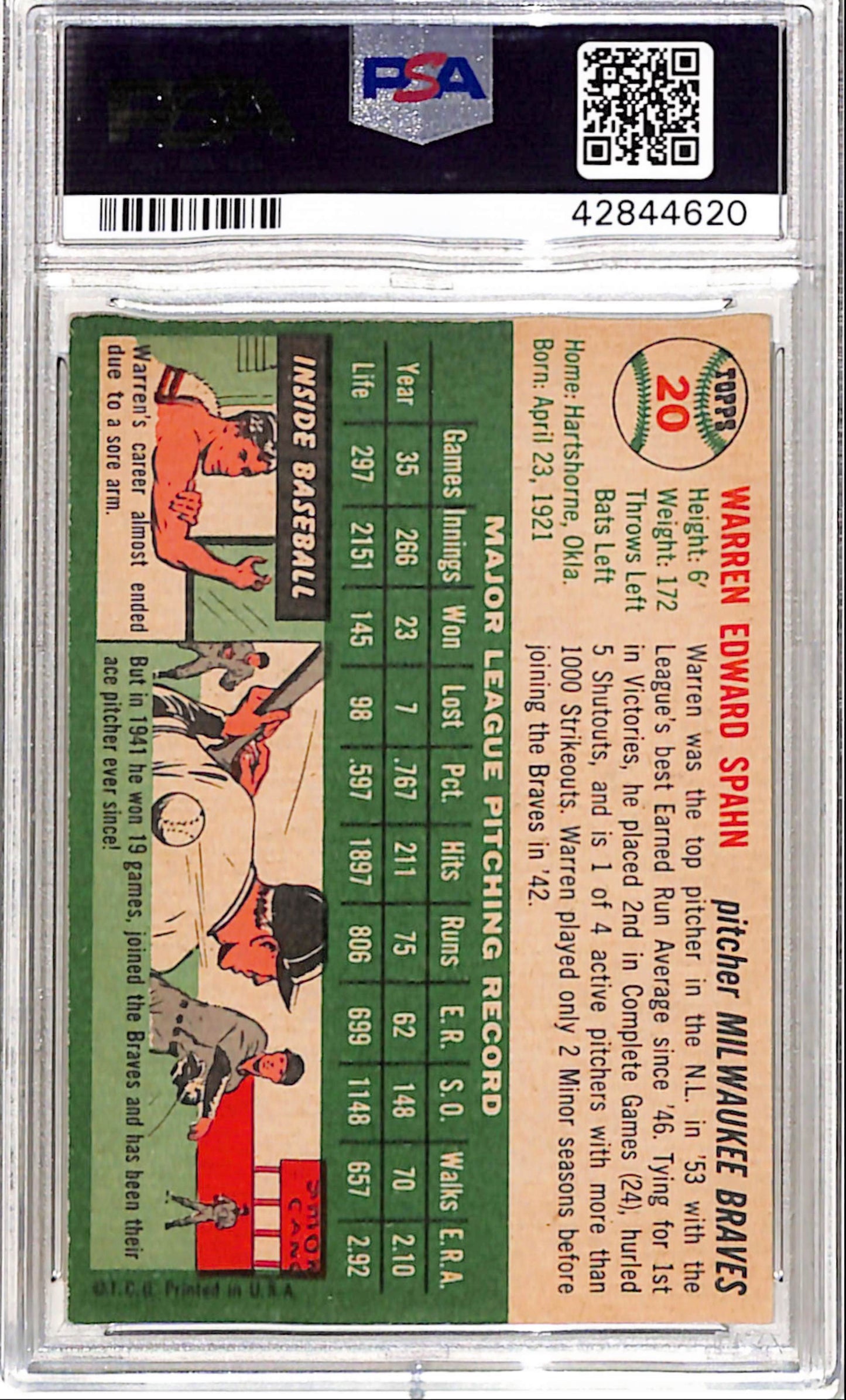 Warren Spahn 1954 Topps #20 PSA 7 Near Mint