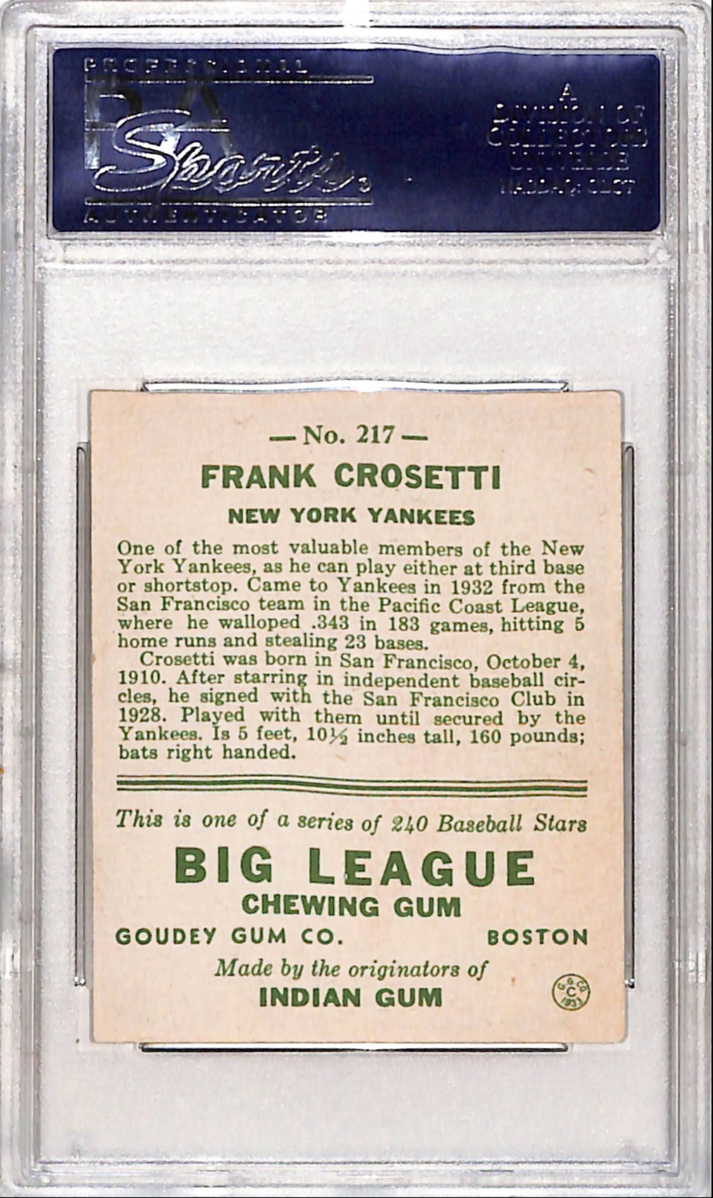 Frank Crosetti 1933 Goudey #217 PSA 6 Ex-Mint