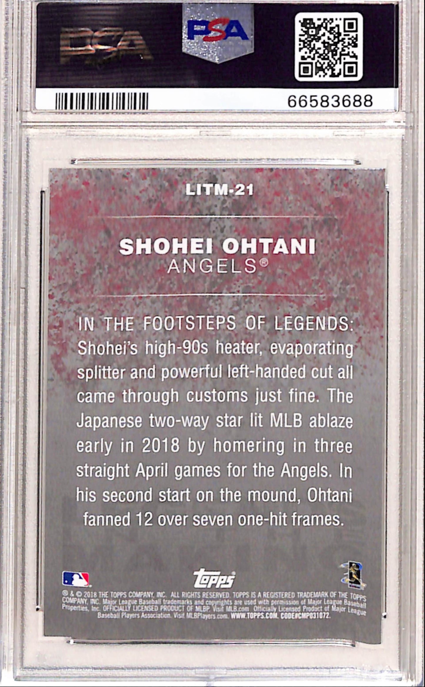 Shohei Ohtani 2018 Topps Update Legends In The Making Black PSA 10 Gem Mint