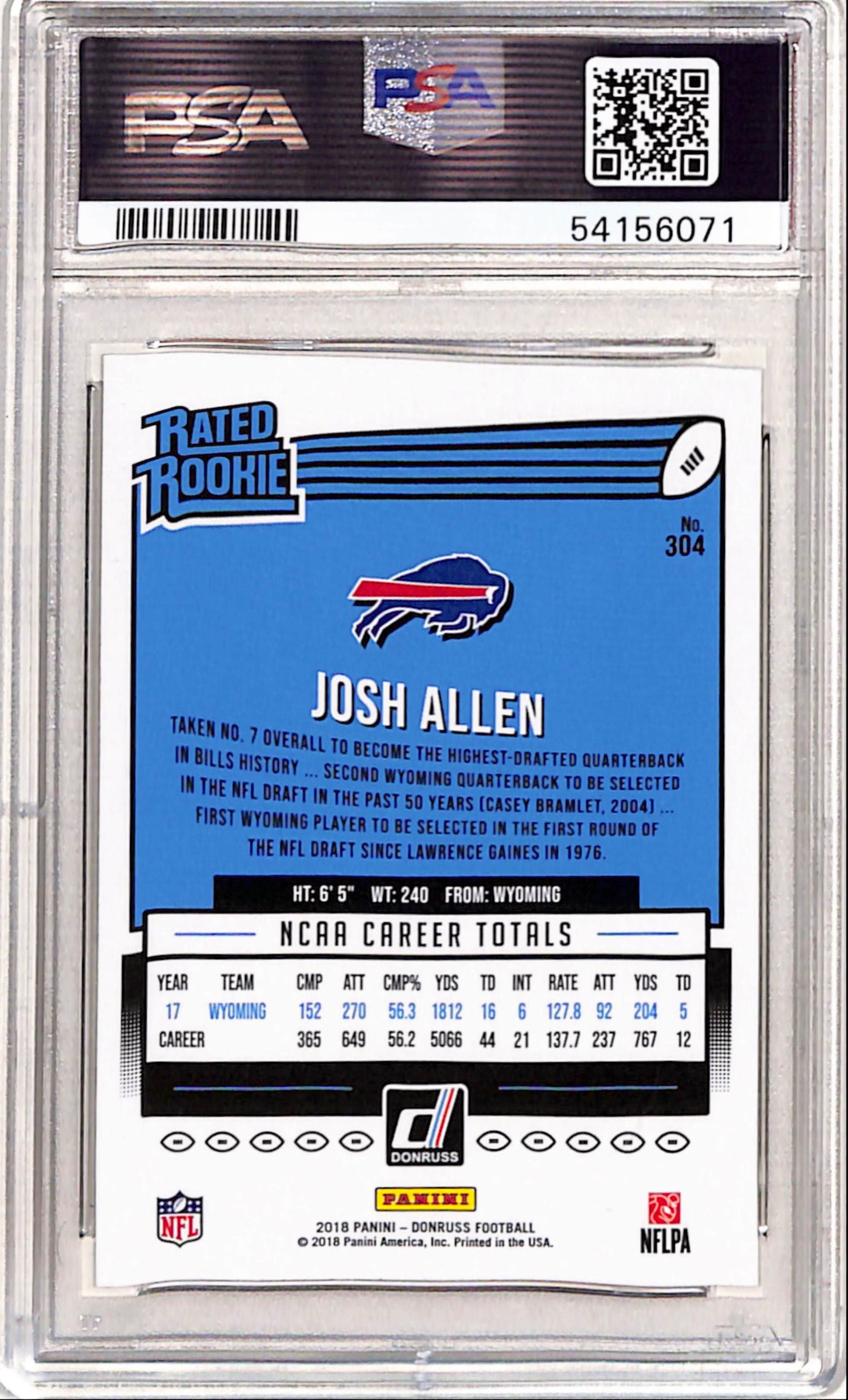 Josh Allen 2018 Donruss Rookie #304 PSA 10 Gem Mint