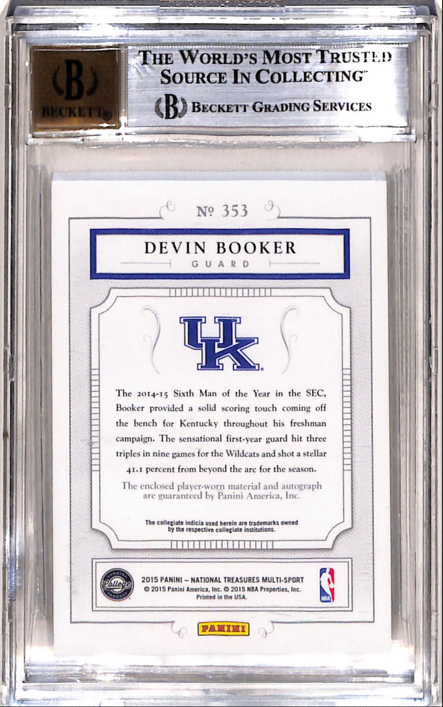 Devin Booker 2015 National Treasures Collegiate Colossal Patch Auto #8/10 BGS 9 Auto 10