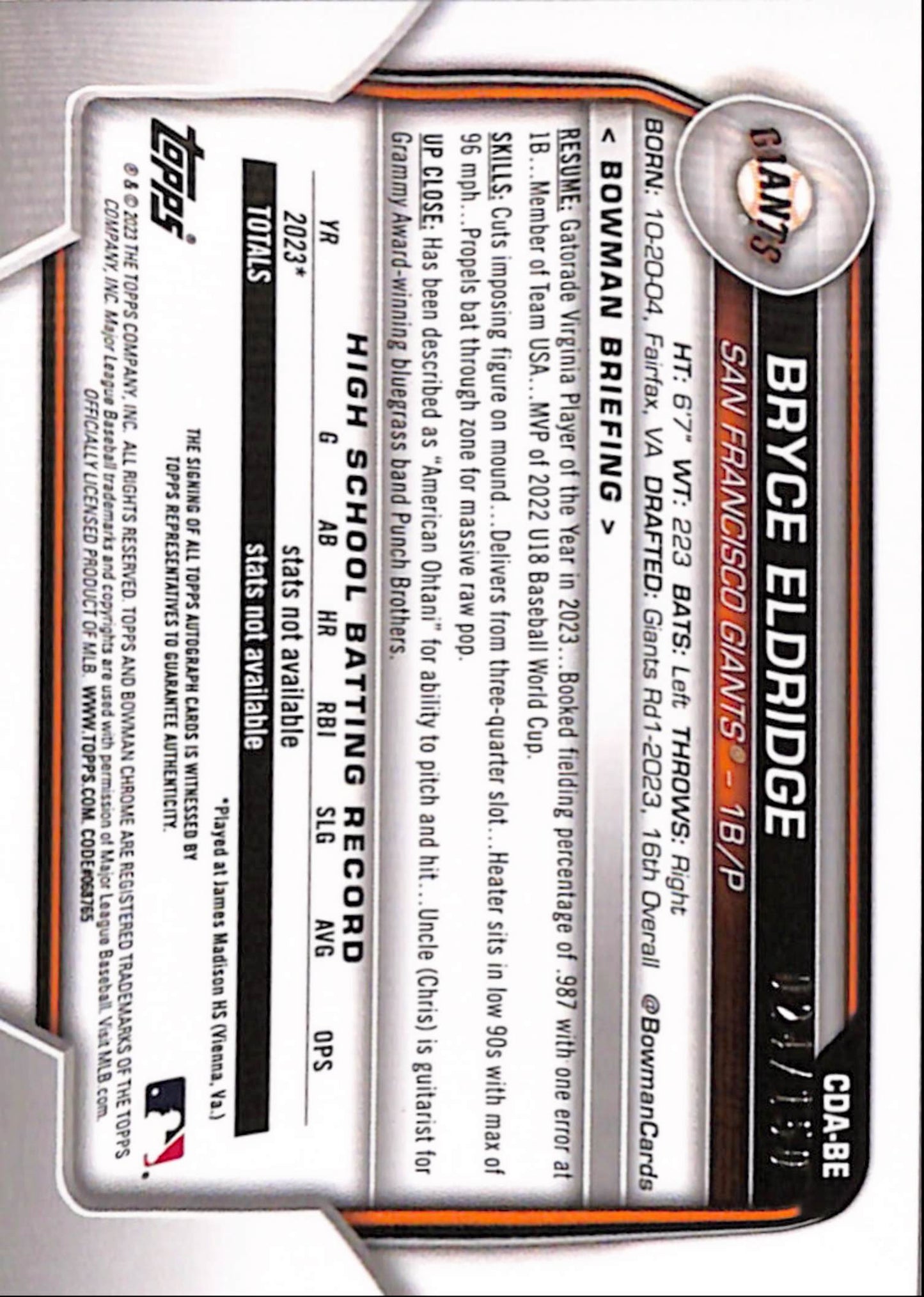 Bryce Eldridge 2023 Bowman Chrome Draft Blue Wave Auto #24/250