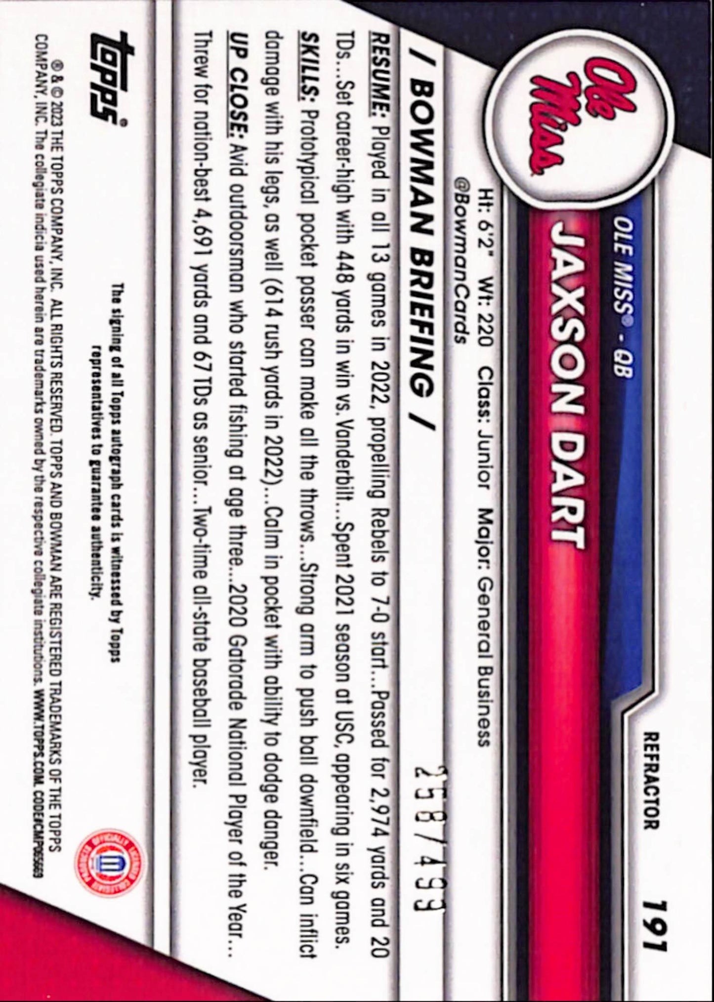 Jaxson Dart 2023 Bowman Chrome U Refractor Auto #258/499