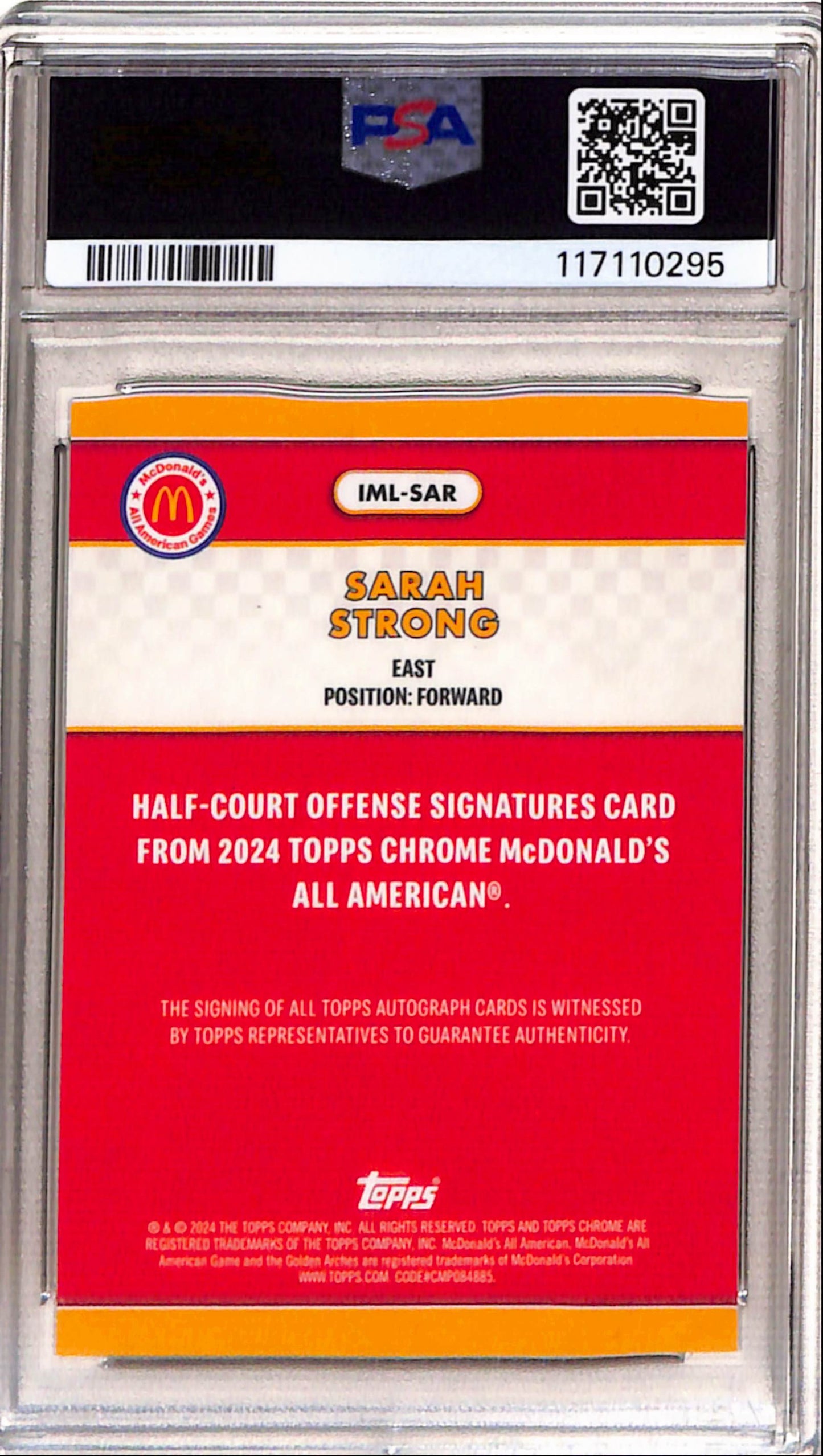 Sarah Strong 2024 Topps McDonalds Chrome Half-Court Offense Gold Auto #21/50 Jersey # PSA 10 Auto 10