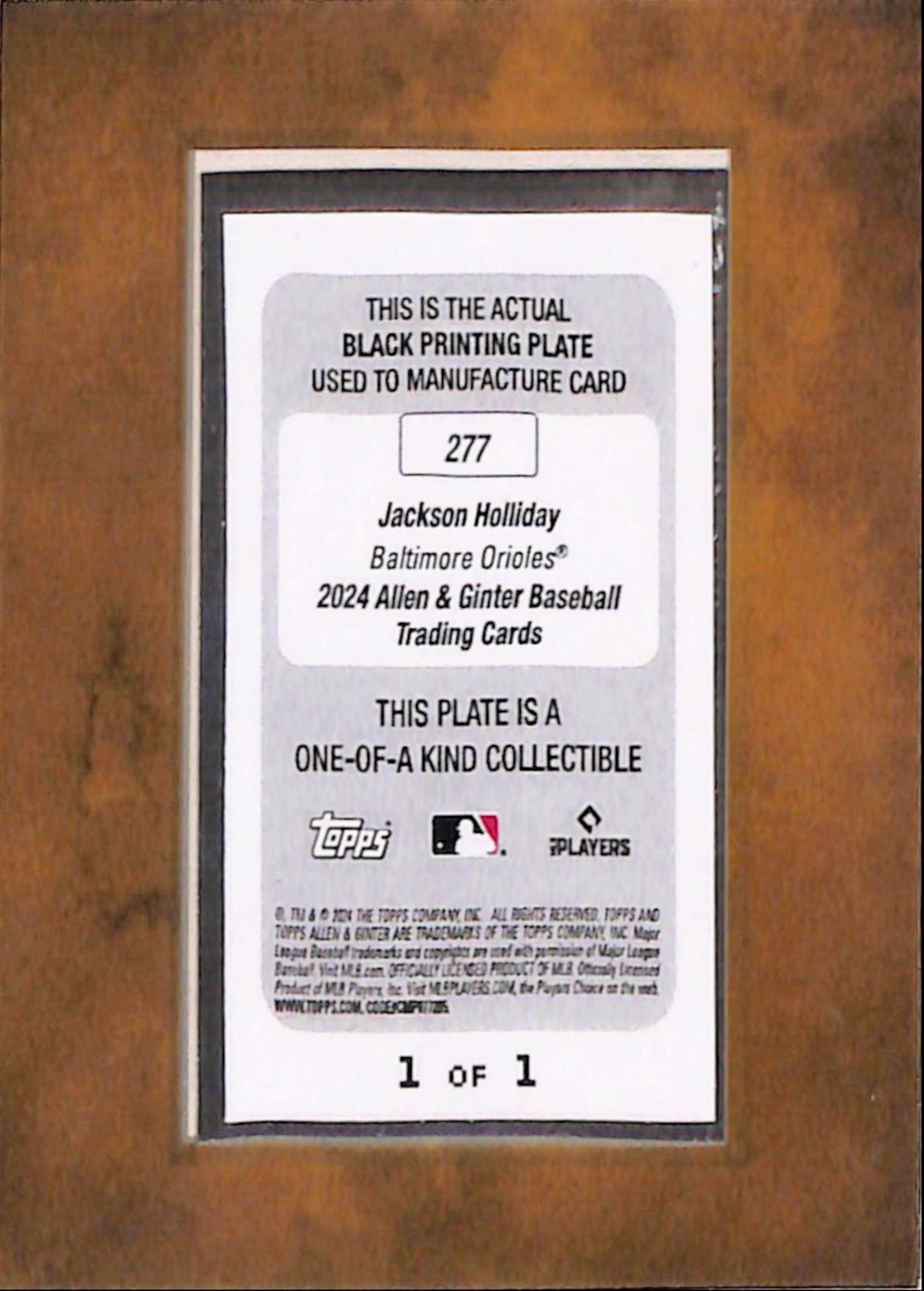 Jackson Holliday 2024 Topps Allen and Ginter Black Printing Plate #1/1