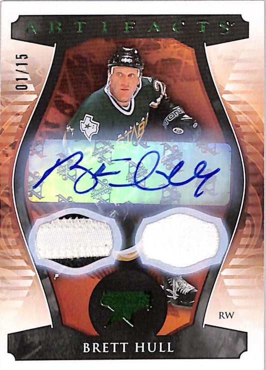 Brett Hull 2023 Upper Deck Artifacts Dual Patch Emerald Auto #1/15