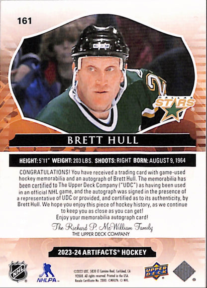 Brett Hull 2023 Upper Deck Artifacts Dual Patch Emerald Auto #1/15
