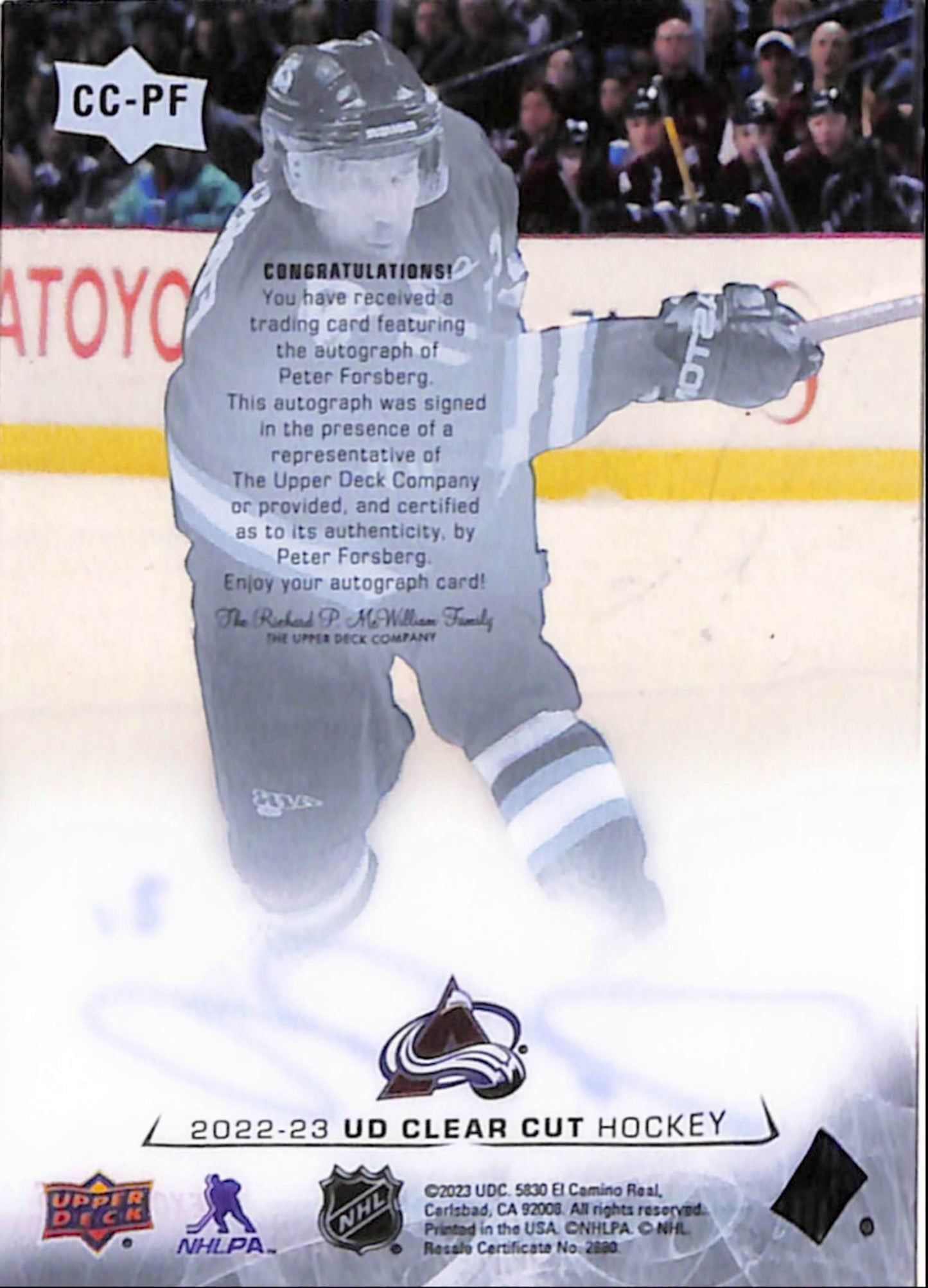 Peter Forsberg 2022 Upper Deck Clear Cut Hockey Autograph #1/35