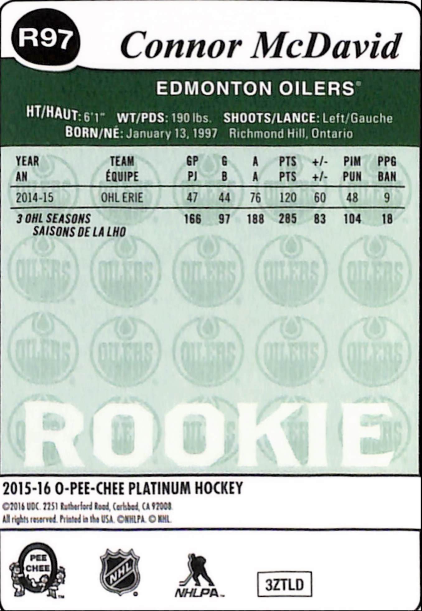 Connor McDavid 2015 Upper Deck OPC Platinum Retro Rookie #R97