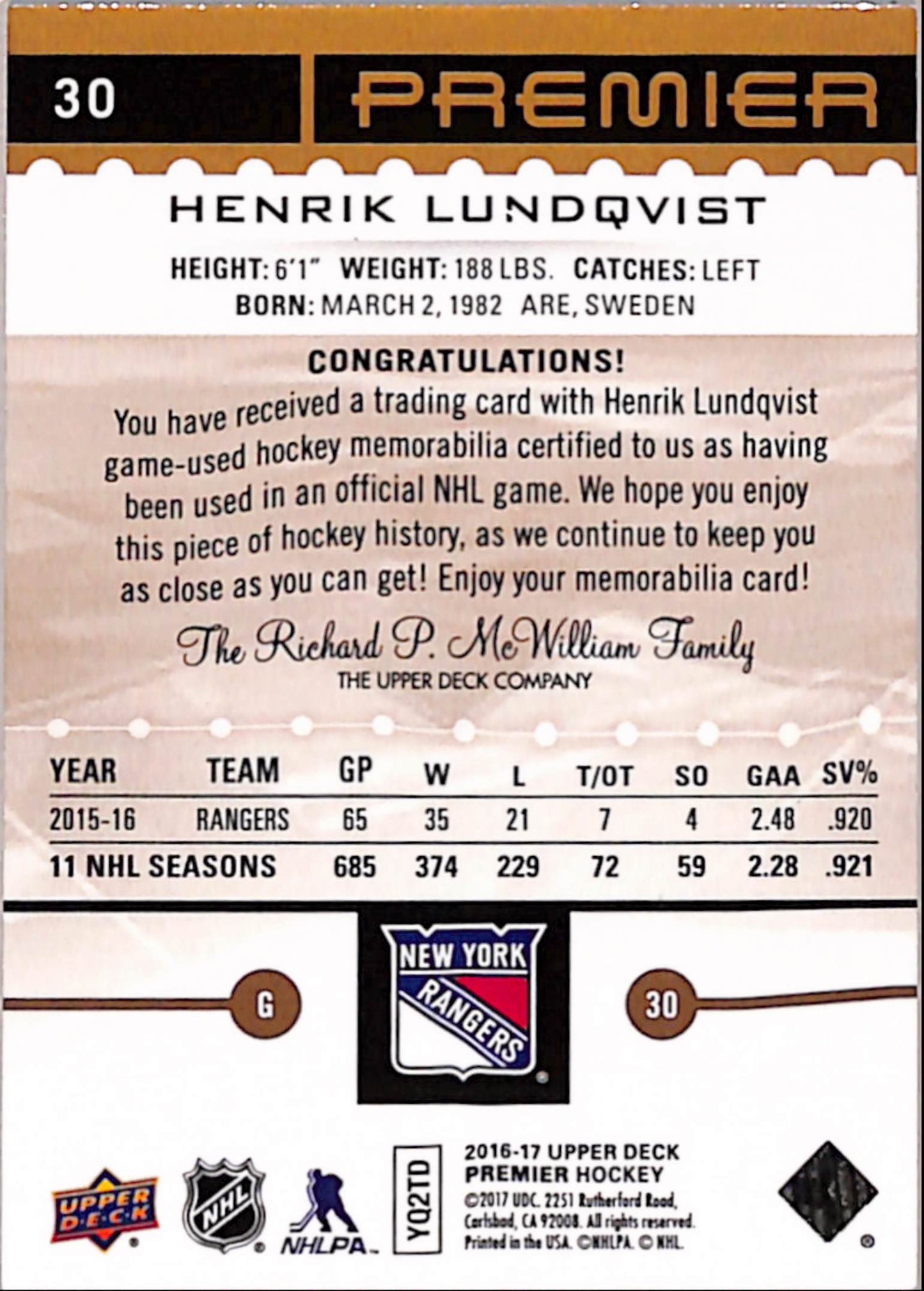 Henrik Lundqvist 2016 Upper Deck Premier Premium Patch #3/6