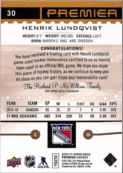Henrik Lundqvist 2016 Upper Deck Premier Premium Patch #3/6