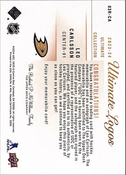Leo Carlsson 2024 Upper Deck Ultimate Collection Ultimate Logos Patch Auto #47/49