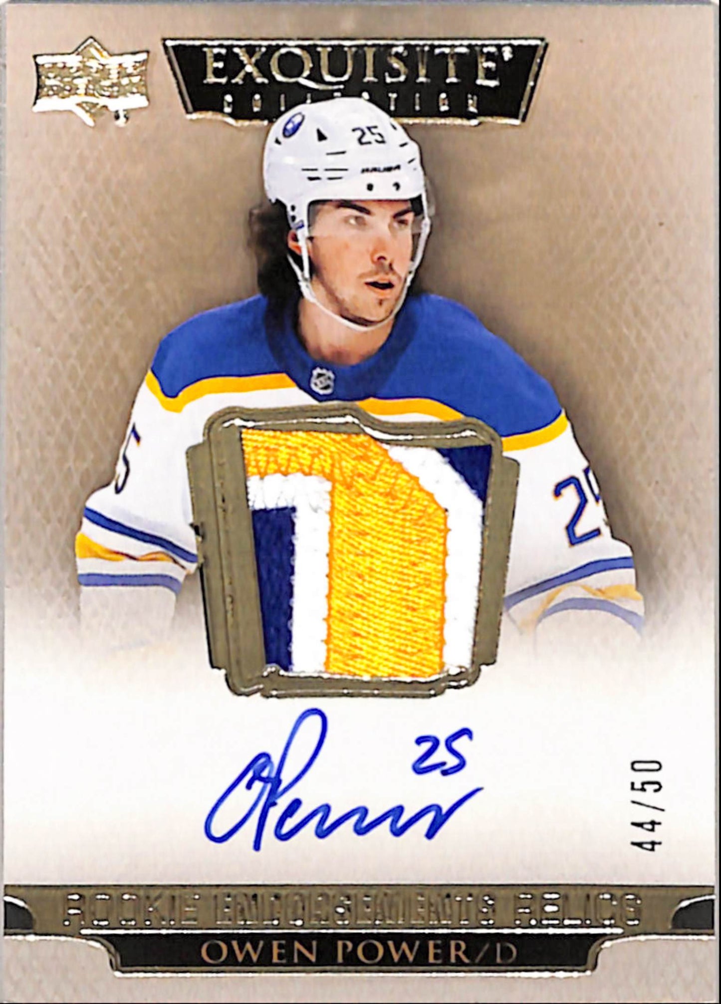 Owen Power 2022 Upper Deck Exquisite Rookie Endorsement Relics Patch Auto #44/50