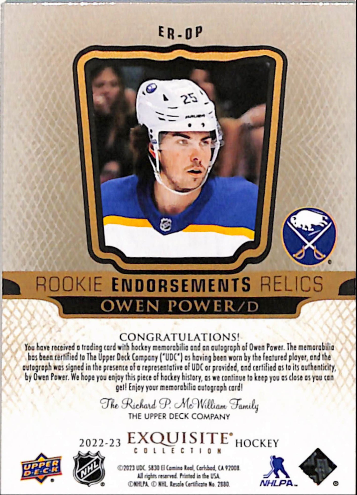 Owen Power 2022 Upper Deck Exquisite Rookie Endorsement Relics Patch Auto #44/50