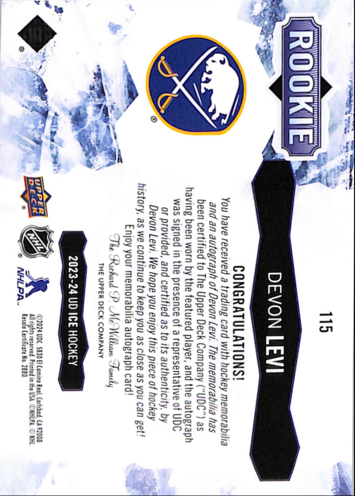 Devon Levi 2023 Upper Deck Ice Rookie Patch Auto #17/99