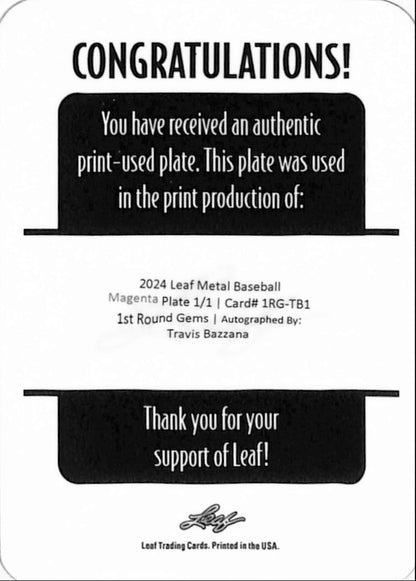 Travis Bazzana 2024 Leaf Metal Magenta 1/1 Printing Plate Autograph