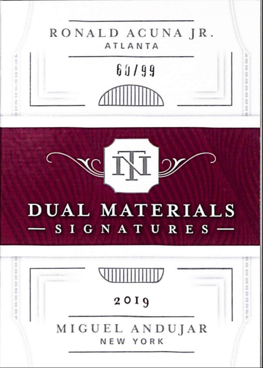 Ronald Acuna Jr. + Miguel Andujar 2019 Panini National Treasures Bookley Dual Jersey Auto #60/99