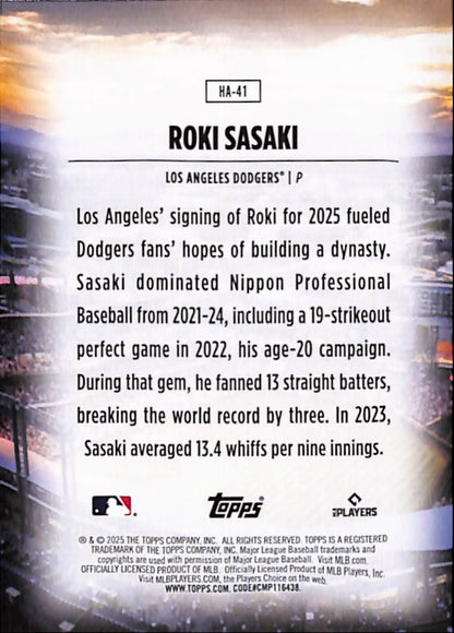 Roki Sasaki 2025 Topps Home Field Advantage Rookie