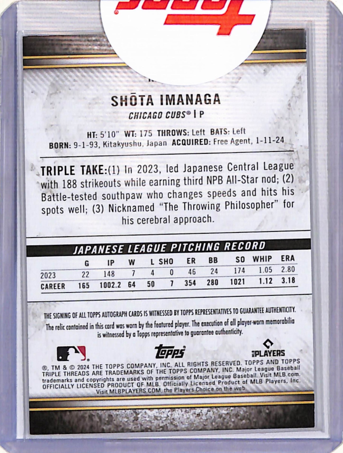 Shota Imanaga 2024 Topps Triple Threads Rookie Dual Jersey Auto #66/99