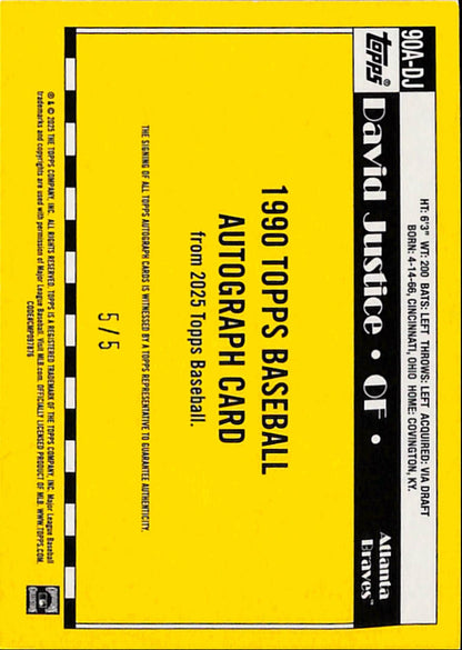 David Justice 2025 Topps 1990 Topps Autograph Red #5/5