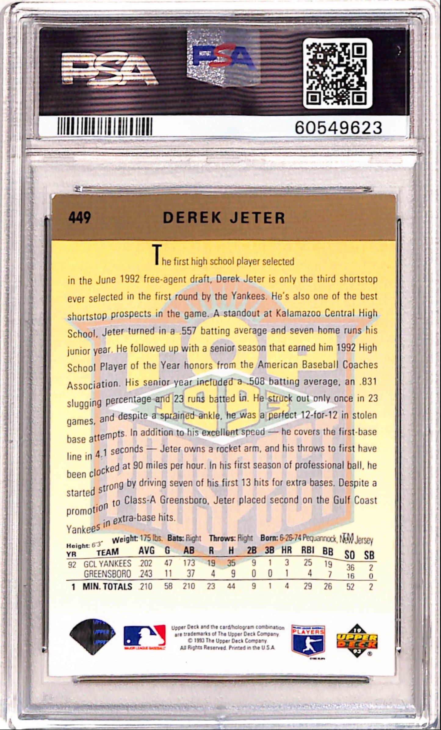 Derek Jeter 1993 Upper Deck Rookie Gold Hologram #449 PSA 7 Near Mint