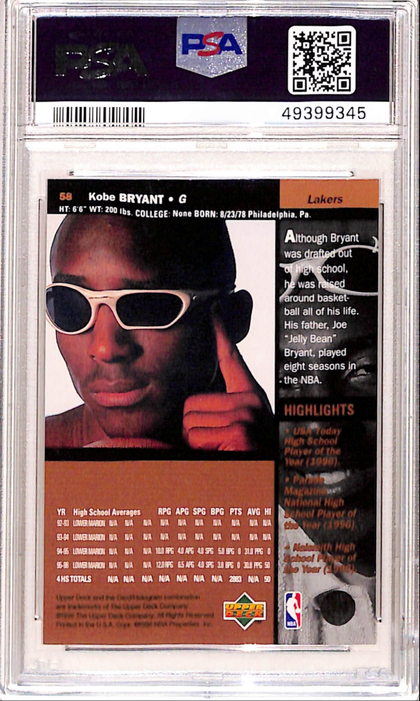 Kobe Bryant 1996 Upper Deck Rookie #58 PSA 9 Mint 9345