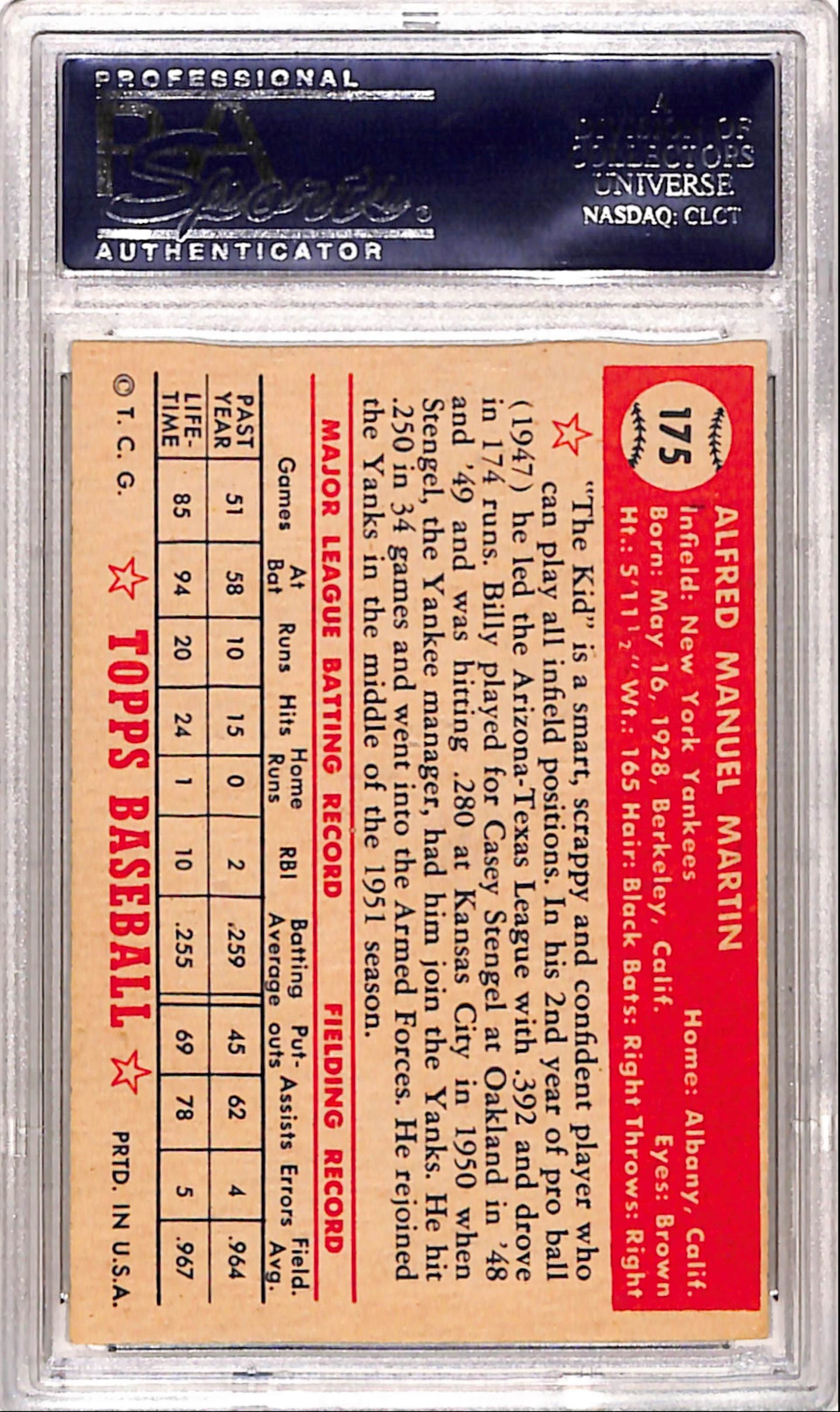 Billy Martin 1952 Topps #175 PSA 7 Near Mint