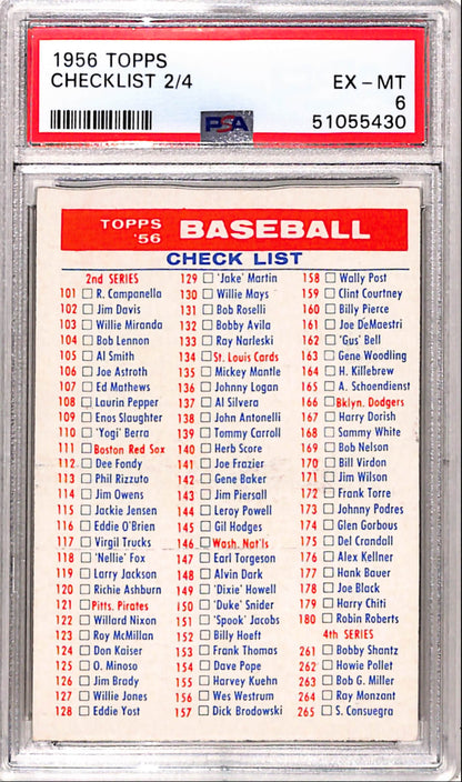 1956 Topps Checklist 2/4 PSA 6 Ex-Mint
