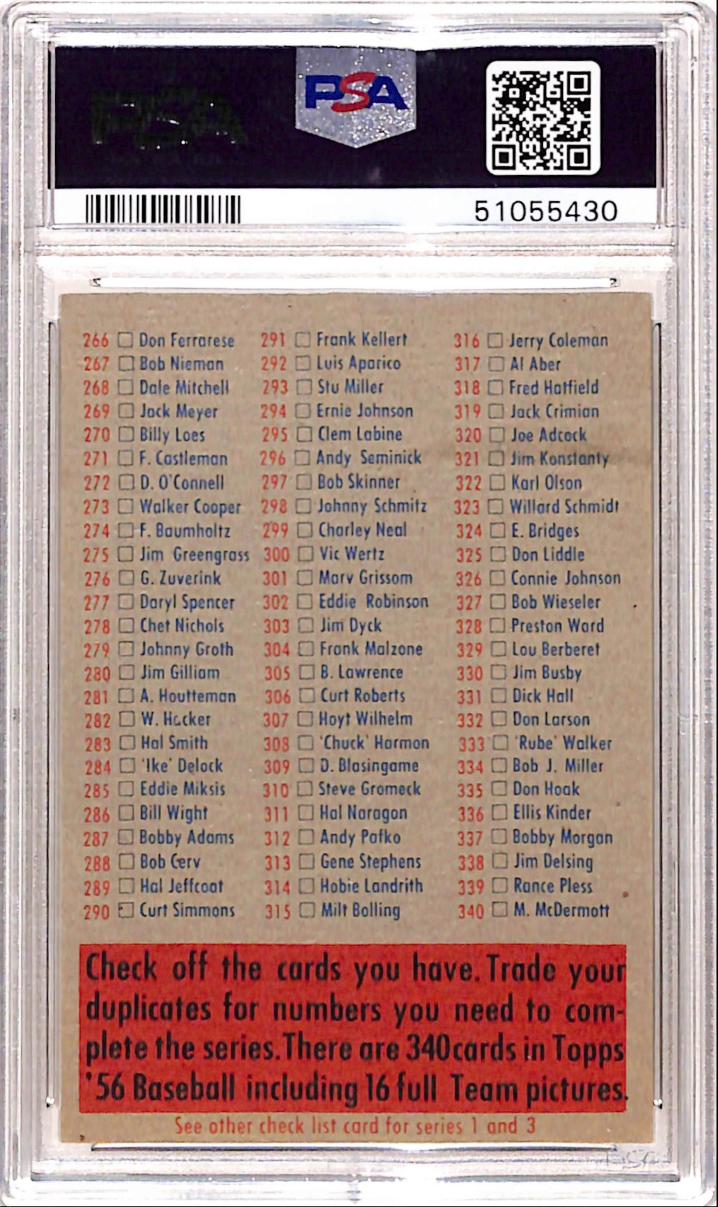 1956 Topps Checklist 2/4 PSA 6 Ex-Mint