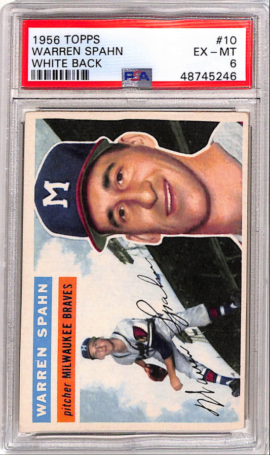 Warren Spahn 1956 Topps #10 White Back PSA 6 Ex-Mint