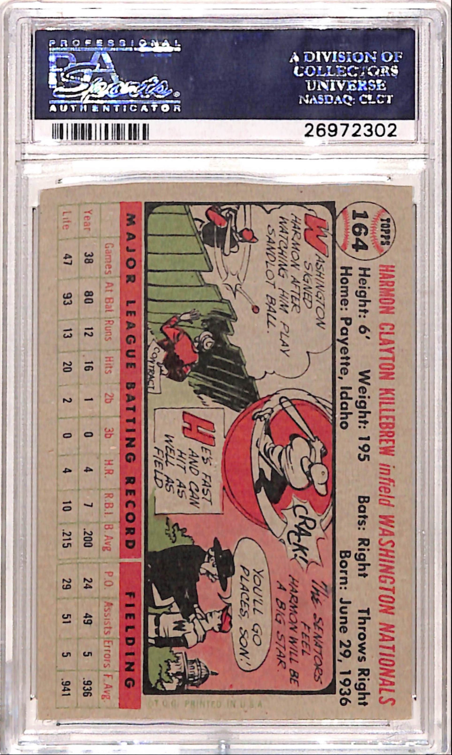 Harmon Killebrew 1956 Topps #164 Gray Back PSA 6.5 Ex-Mint+