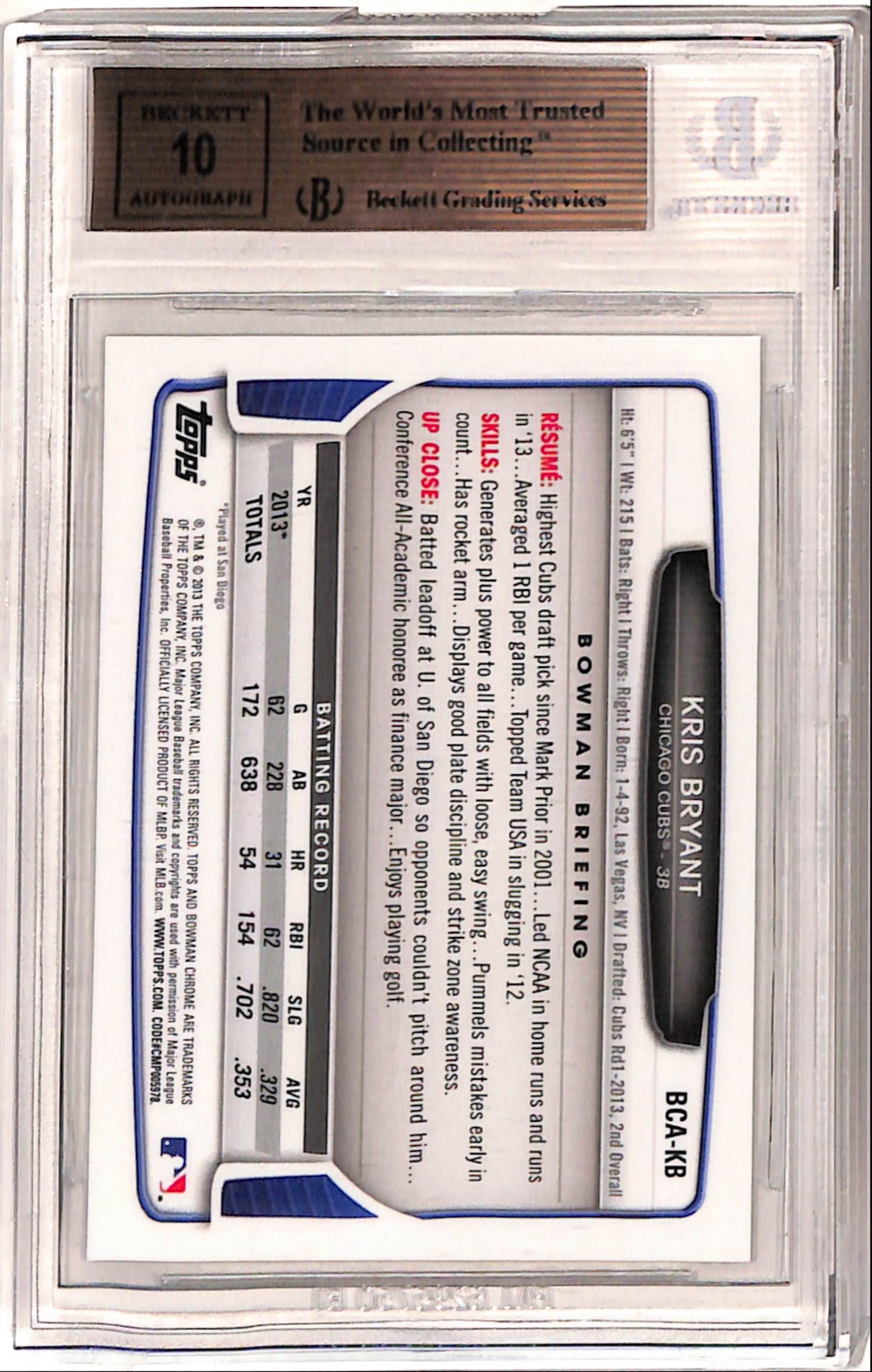 Kris Bryant 2013 Bowman Chrome Draft Auto BGS 9.5 Gem Mint