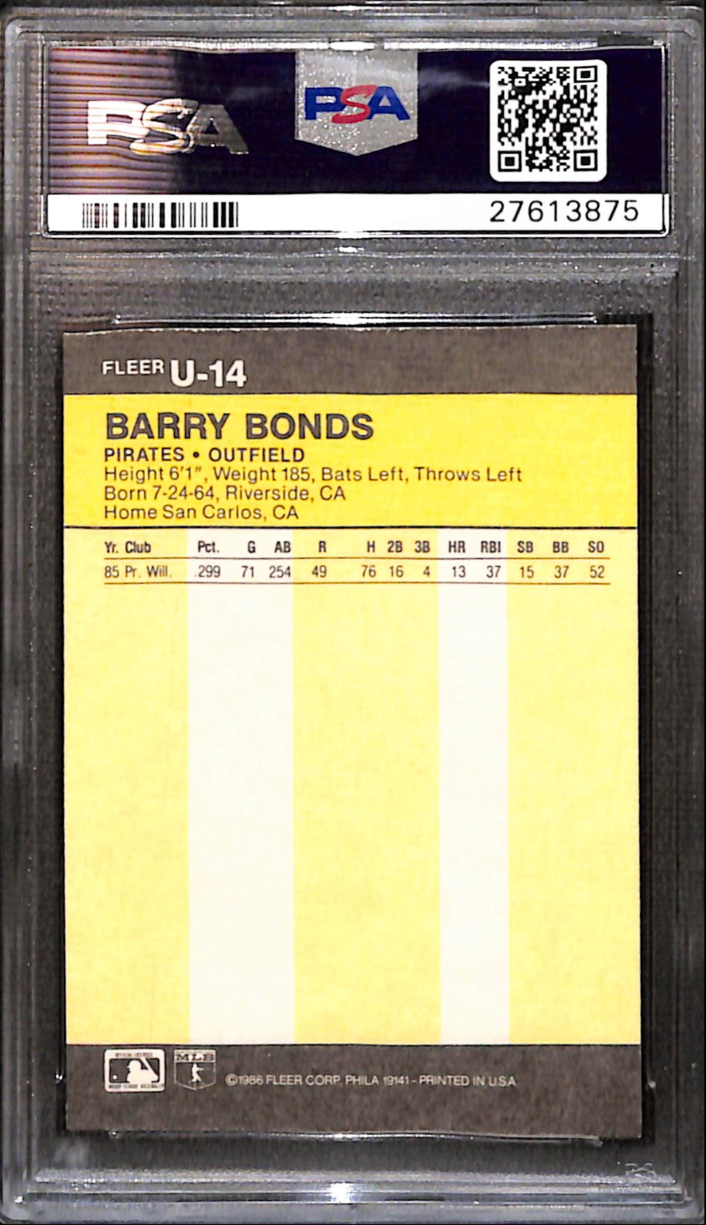 Barry Bonds 1986 Fleer Update Rookie #U-14 PSA 10 Gem Mint 3875