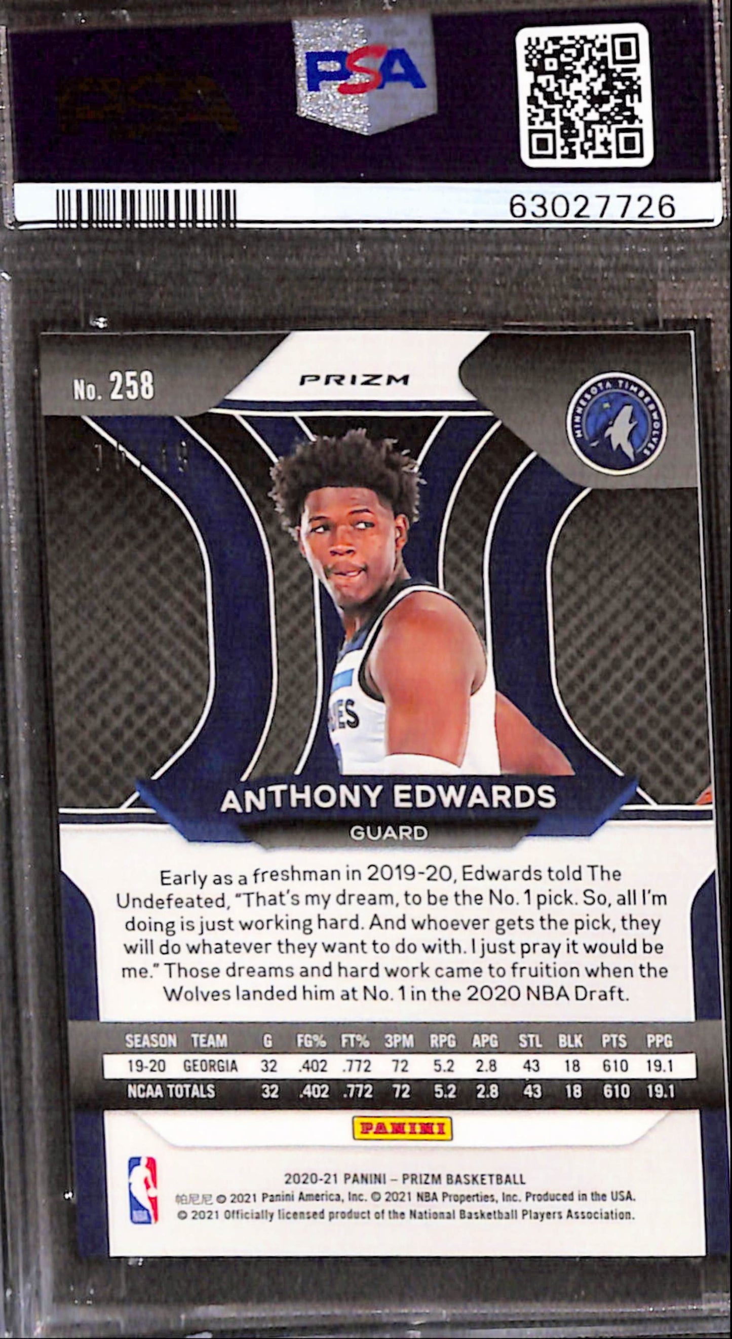 Anthony Edwards 2020 Panini Prizm Rookie #258 Choice Blue Prizm #15/49 PSA 9 Mint 7726