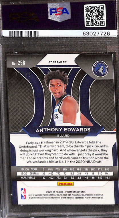 Anthony Edwards 2020 Panini Prizm Rookie #258 Choice Blue Prizm #15/49 PSA 9 Mint 7726