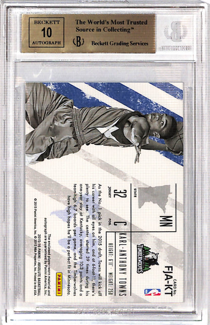 Karl-Anthony Towns 2015 Panini Absolute Rookie Jersey Auto #74/149 BGS 9.5;Auto 10