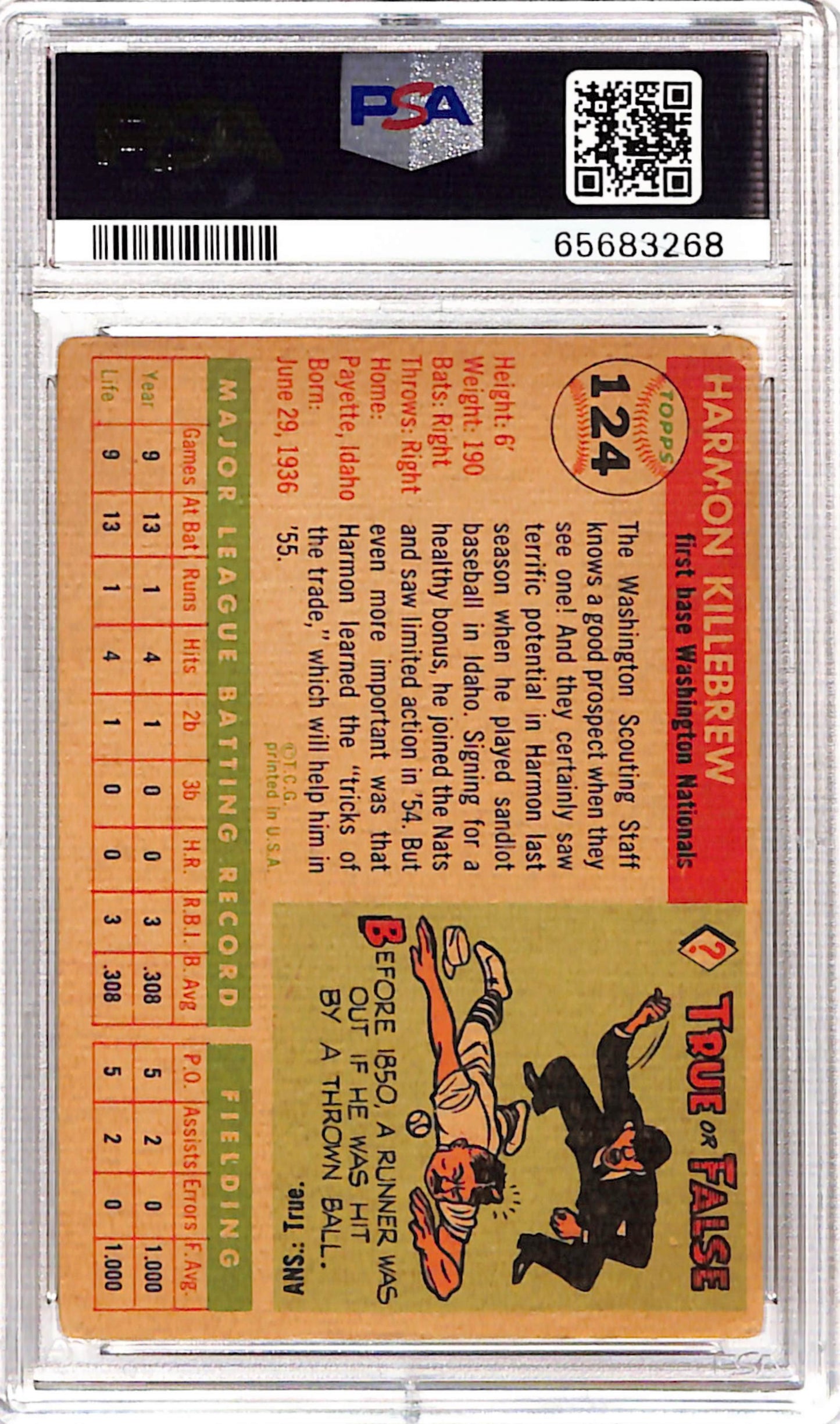 Harmon Killebrew 1955 Topps Rookie #124 PSA 3 Auto 10