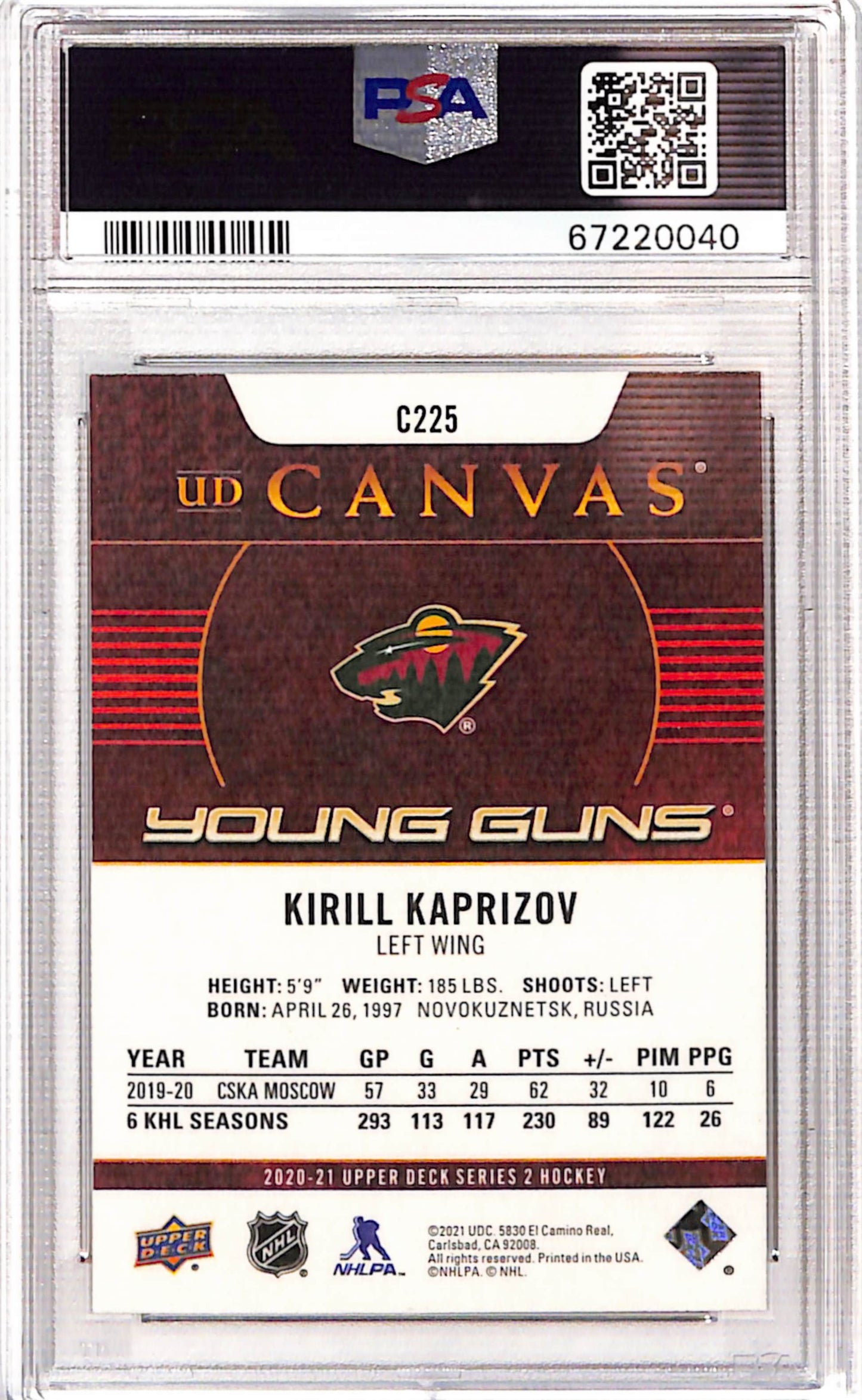 Kirill Kaprizov 2020 Upper Deck Canvas Rookie #C225 PSA 10 Gem Mint 0040