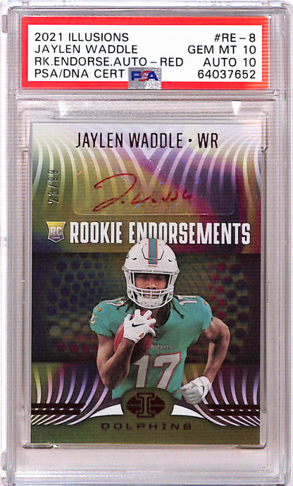 Jaylen Waddle 2021 Illusions Rookie Ensorements Red Auto #23/99 PSA 10 Auto 10
