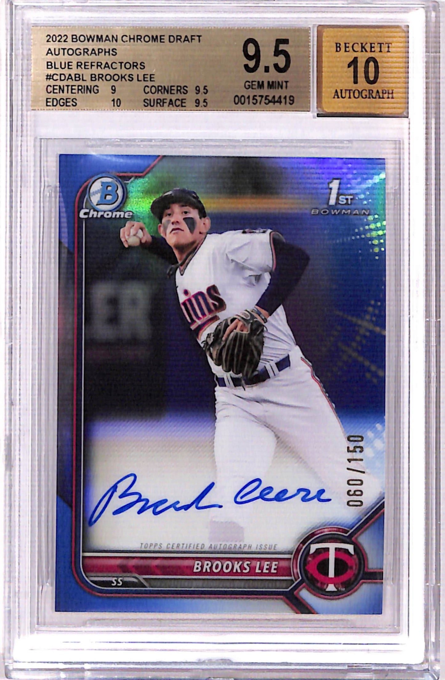 Brooks Lee 2022 Bowman Chrome Blue Auto #60/150 BGS 9.5 Auto 10